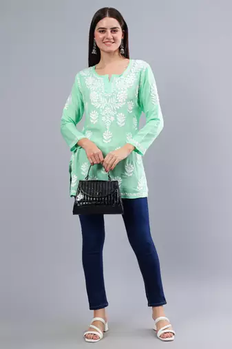 hand embroidered sea green modal lucknowi chikankari top