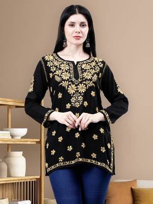 hand embroidered black rayon lucknowi chikankari top 1