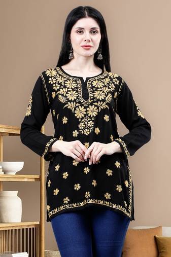 hand embroidered black rayon lucknowi chikankari top