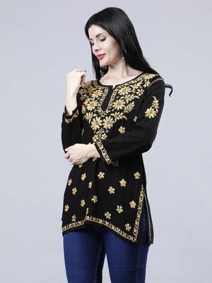 hand embroidered black rayon lucknowi chikankari top 2