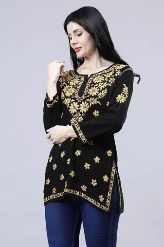 hand embroidered black rayon lucknowi chikankari top