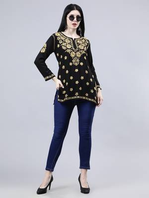 hand embroidered black rayon lucknowi chikankari top 5