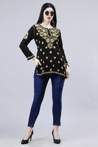 hand embroidered black rayon lucknowi chikankari top
