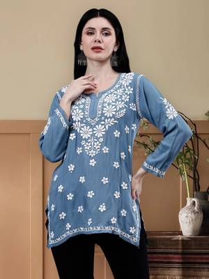 hand embroidered grey rayon lucknowi chikankari top 1