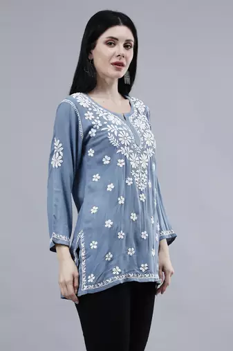 hand embroidered grey rayon lucknowi chikankari top