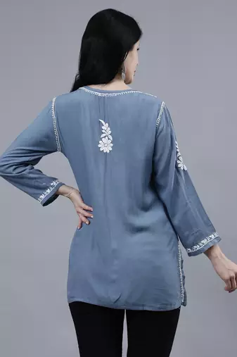 hand embroidered grey rayon lucknowi chikankari top
