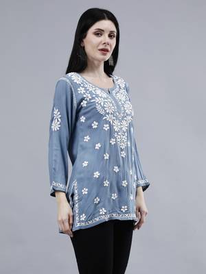 hand embroidered grey rayon lucknowi chikankari top 4