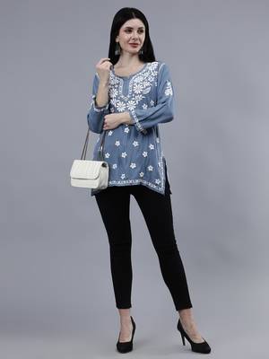 hand embroidered grey rayon lucknowi chikankari top 5