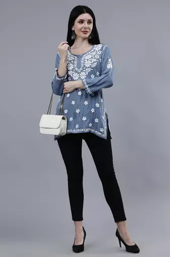 hand embroidered grey rayon lucknowi chikankari top