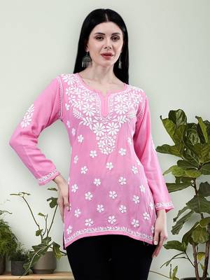hand embroidered dark pink rayon lucknowi chikankari top 1