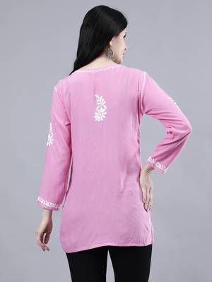 hand embroidered dark pink rayon lucknowi chikankari top 2