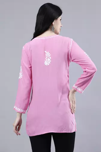 hand embroidered dark pink rayon lucknowi chikankari top
