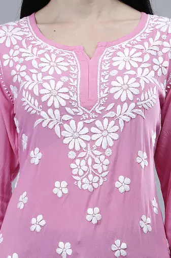 hand embroidered dark pink rayon lucknowi chikankari top