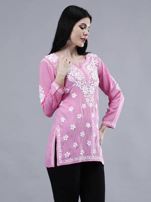 hand embroidered dark pink rayon lucknowi chikankari top 4