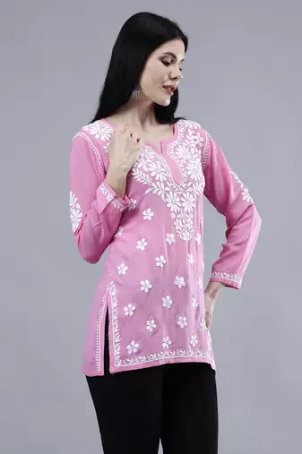 hand embroidered dark pink rayon lucknowi chikankari top