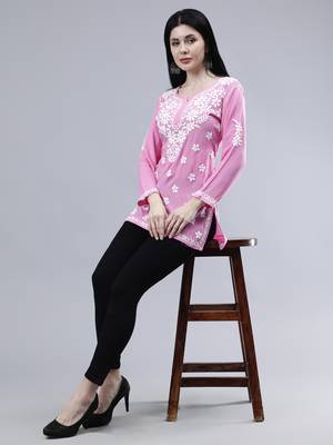 hand embroidered dark pink rayon lucknowi chikankari top 5