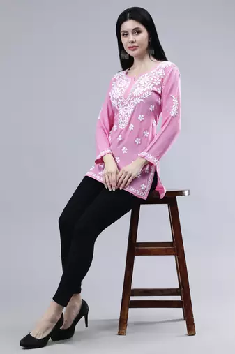 hand embroidered dark pink rayon lucknowi chikankari top