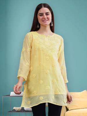 hand embroidered yellow georgette lucknowi chikankari top with slip 1