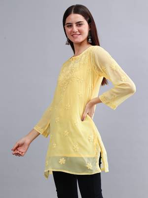 hand embroidered yellow georgette lucknowi chikankari top with slip 2