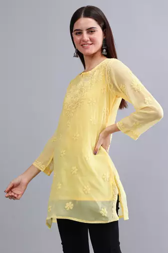 hand embroidered yellow georgette lucknowi chikankari top with slip