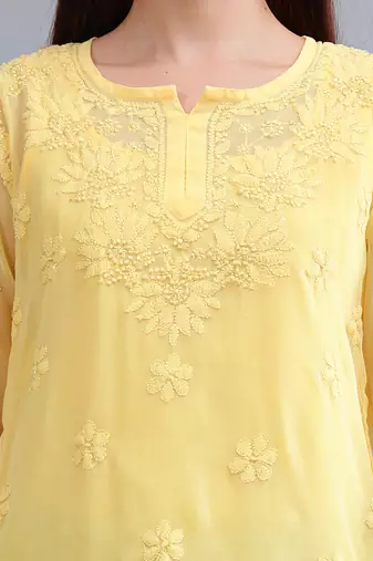 hand embroidered yellow georgette lucknowi chikankari top with slip