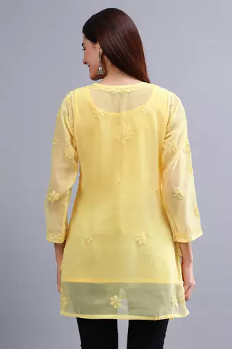 hand embroidered yellow georgette lucknowi chikankari top with slip