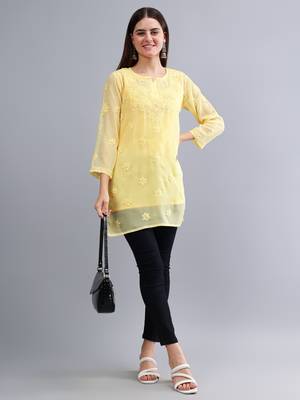 hand embroidered yellow georgette lucknowi chikankari top with slip 5