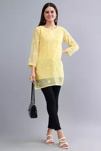 hand embroidered yellow georgette lucknowi chikankari top with slip