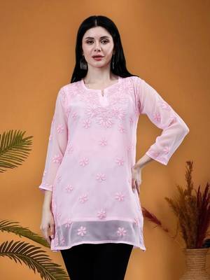 hand embroidered pink georgette lucknowi chikankari top with slip 1