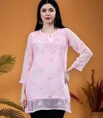 hand embroidered pink georgette lucknowi chikankari top with slip