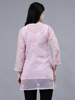 hand embroidered pink georgette lucknowi chikankari top with slip 2