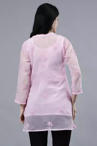 hand embroidered pink georgette lucknowi chikankari top with slip