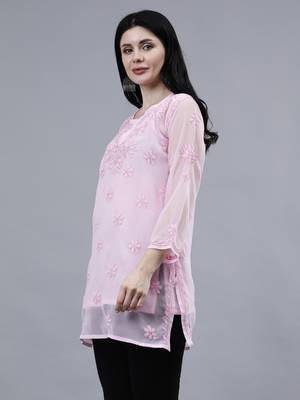 hand embroidered pink georgette lucknowi chikankari top with slip 3