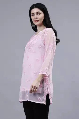 hand embroidered pink georgette lucknowi chikankari top with slip