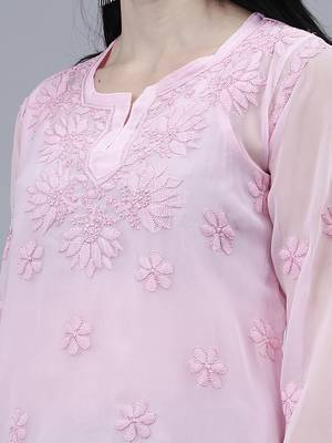 hand embroidered pink georgette lucknowi chikankari top with slip 4