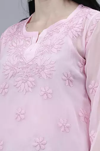 hand embroidered pink georgette lucknowi chikankari top with slip