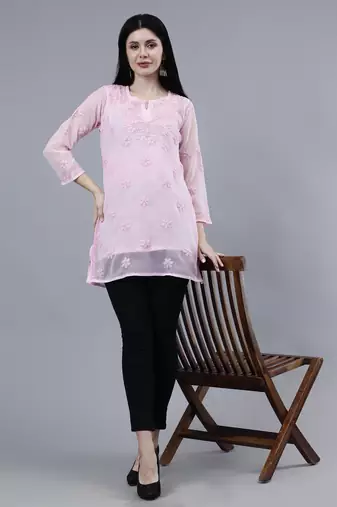 hand embroidered pink georgette lucknowi chikankari top with slip