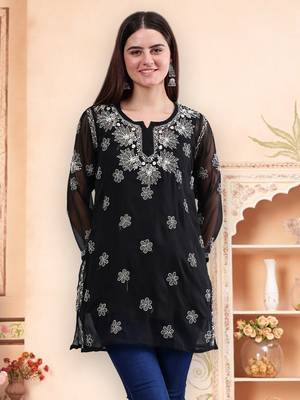 hand embroidered black georgette lucknowi chikankari top with slip 1
