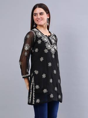 hand embroidered black georgette lucknowi chikankari top with slip 2
