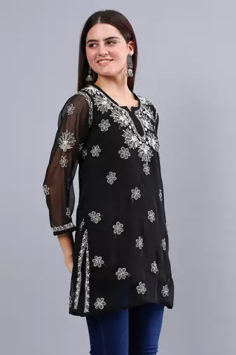 hand embroidered black georgette lucknowi chikankari top with slip