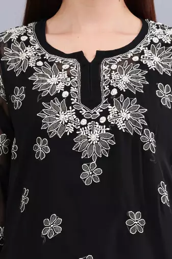 hand embroidered black georgette lucknowi chikankari top with slip