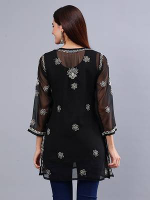 hand embroidered black georgette lucknowi chikankari top with slip 4