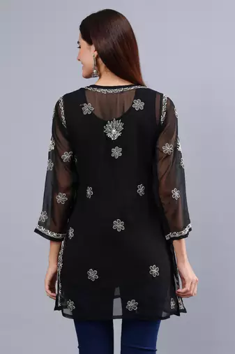 hand embroidered black georgette lucknowi chikankari top with slip