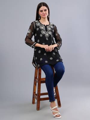 hand embroidered black georgette lucknowi chikankari top with slip 5