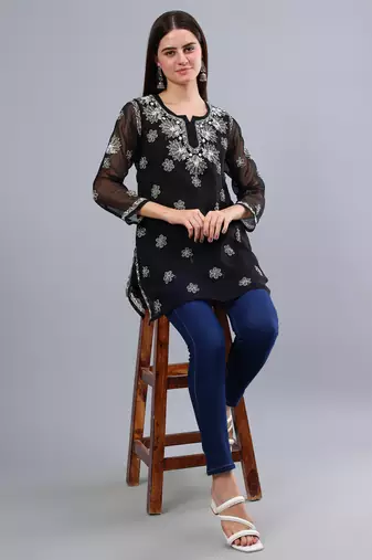 hand embroidered black georgette lucknowi chikankari top with slip