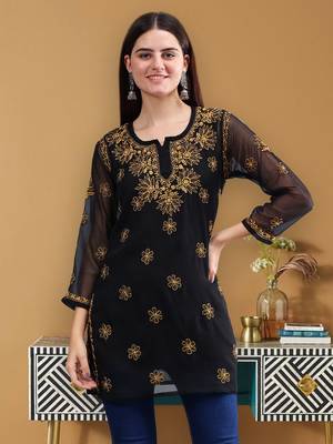 hand embroidered black georgette lucknowi chikankari top with slip 1