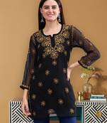 hand embroidered black georgette lucknowi chikankari top with slip