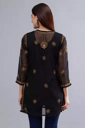 hand embroidered black georgette lucknowi chikankari top with slip