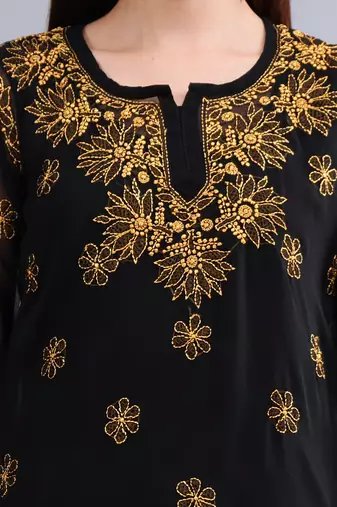 hand embroidered black georgette lucknowi chikankari top with slip