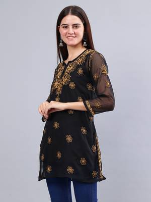 hand embroidered black georgette lucknowi chikankari top with slip 4